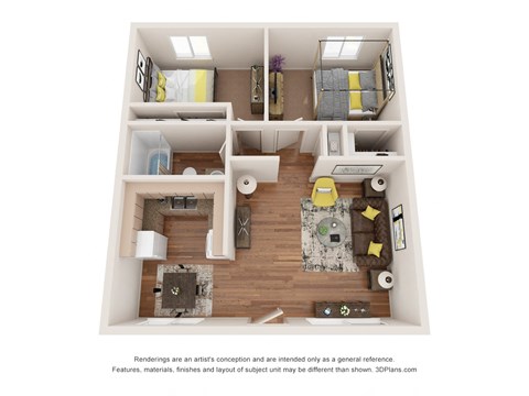 Floor plan for 2 beds, 1 bath, 670 sqft